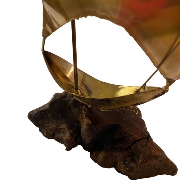 Vintage Mid Century Modern Brass Sailboat, Burl Wood Mount Artist Made - Picture 9 of 12